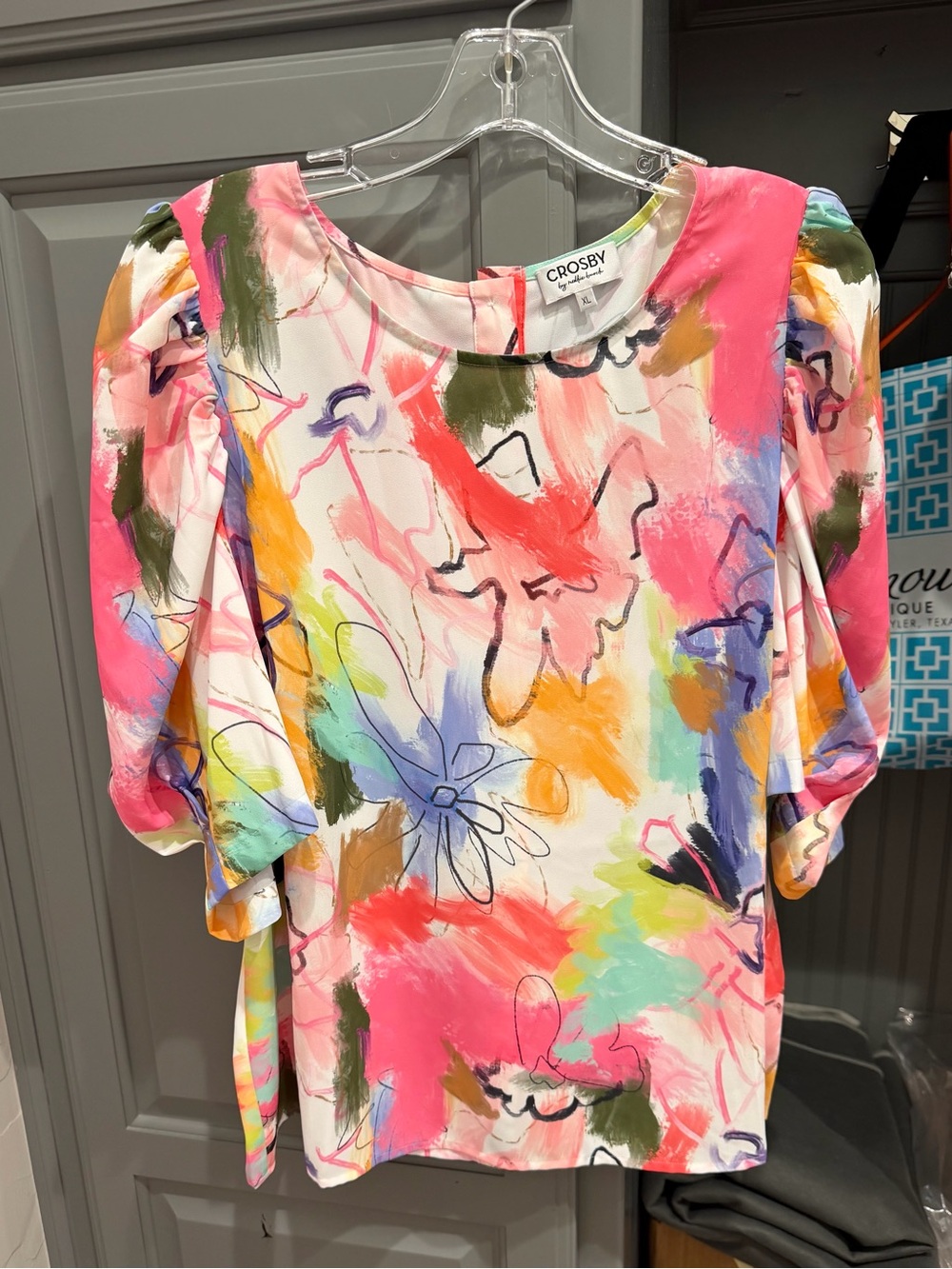 crosby. Vibrant Abstract Brushstroke Puff-Sleeve Blouse — Pink, Coral & Multi